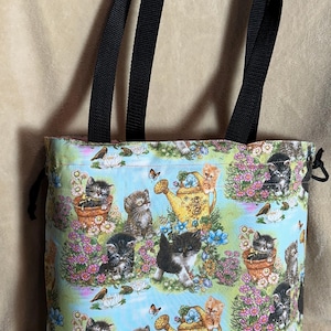 Purrfect Project Bag , Cats & Flowers Galore, Drawstring Hybrid,   Ready to Ship