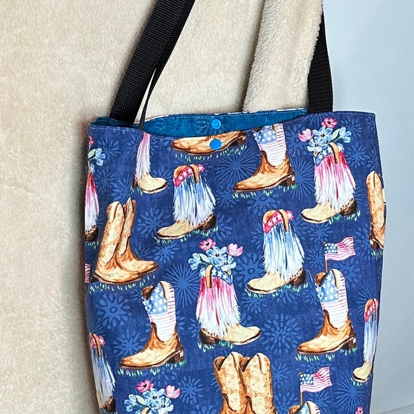 Americana Cowboy  Boots with Flowers Tote Bag with snap closures, Book Bag, Shopping Bag, Ready to Ship