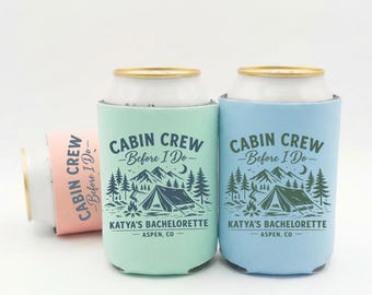 Personalized Cabin Crew Can Cooler, Custom Koozie, Bachelorette Koozies, Cabin Bachelorette, Bridesmaid Favors, Camp Bachelorette Party