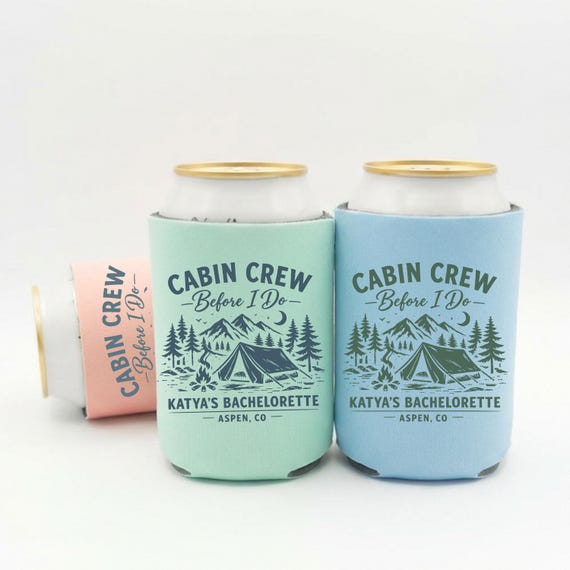 Personalized Cabin Crew Can Cooler, Custom Koozie, Bachelorette Koozies, Cabin Bachelorette, Bridesmaid Favors, Camp Bachelorette Party