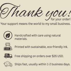 May include: A beige graphic with the words "Thank you!" in a cursive font. The text "for your order!" is below. Additional text includes "Your support means the world to my small business." and icons with descriptions about the product.
