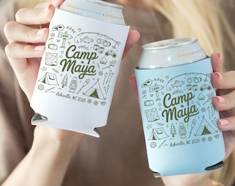 Custom Camp Bachelorette Neoprene Can Cooler, Glamping Bridal Party Favors