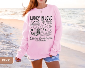 Lucky In Love Bachelorette Sweatshirt, Custom Vegas Bach Crewneck, Personalized Cocktail Social Club Shirt, Luxury Bridesmaid Party Top