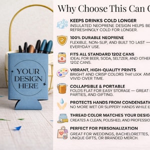 May include: Two light blue can coolers with the text "YOUR DESIGN HERE". One cooler holds a silver can. The image also shows a gold-colored basket with pens and a list of features.
