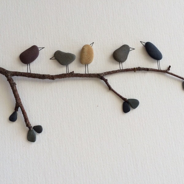 Birds on a branch pebble art by sharon nowlan