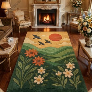 May include: A rectangular rug with a nature-inspired design. The rug depicts a green field of flowers, rolling hills, a setting sun, and birds in flight. The colour palette includes shades of green, orange, yellow, and blue.