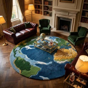 May include: A round rug depicting a world map, featuring blue oceans and continents in shades of green and tan. The rug is placed in a living room with a leather sofa, green armchairs, and a glass coffee table.