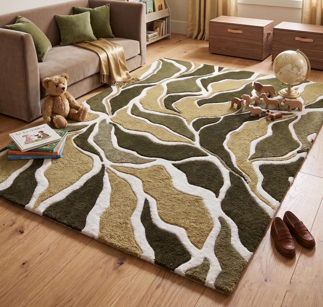 Abstract Tufted Area Rug | Olive Green Mustard Wavy Retro Mid Century ...