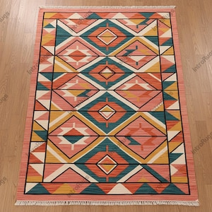 May include: Rectangular area rug with a geometric pattern in shades of coral, teal, yellow, and white. The design features diamond and triangle shapes, bordered by a coral edge and fringe.