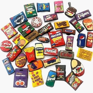Adornos para zapatos de marcas de comida chatarra y snacks, adornos para zuecos de comida rápida, adornos retro para zapatos con motivos de snacks, adornos para zapatos con motivos de comida y bebida, accesorios de comida