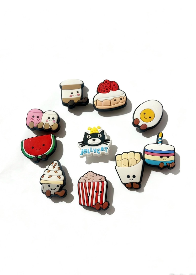 this image features a bundle of 10 Jellycat food and drinks shoe charms , food and drink Jibbitz , kawaii food charms , snack food croc accessories