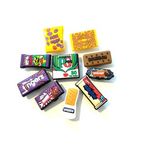Snack food / junk food shoe charms bundle of 10 British chocolate and biscuits clog charms , chocolate bar shoe charms bundle