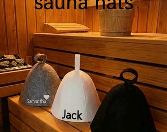 Gorro de sauna con nombre personalizado, hecho a mano con 100 % fieltro de lana y disponible en tres colores diferentes.