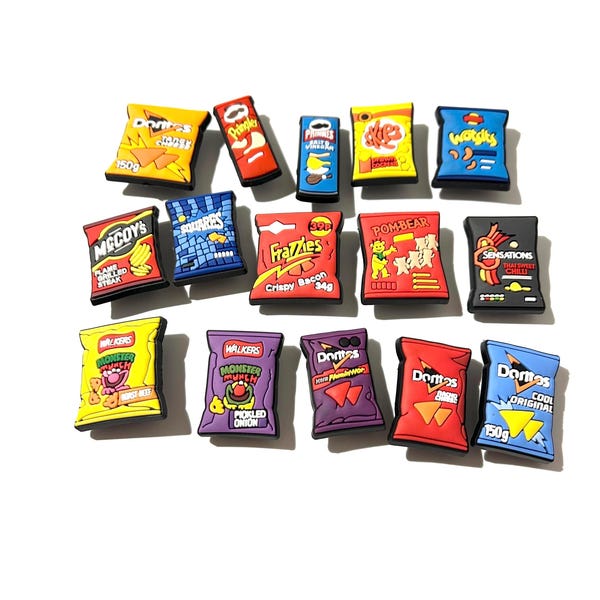 Schuhanhänger mit Chipsmotiven, Schuhanhänger mit Kartoffelchipsmotiven, Marken-Schuhaccessoires mit Chipsmotiven, Schuhanhänger mit Junkfood-Motiven