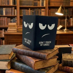 Puede incluir: Una funda negra para Kindle con una cara blanca de dibujos animados y el texto "DON'T TOUCH MY KINDLE" está apilada sobre una pila de libros antiguos. El fondo presenta una biblioteca con estanterías llenas de libros y un escritorio.