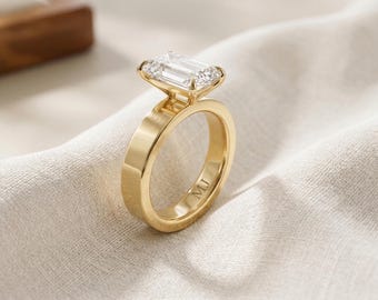 2.5 CT Emerald Cut lab Diamond Cigar Band Engagement Ring, 4mm Wide Band Solitaire, Modern Chunky Gold Ring, Minimalist Ring, Gift for Her
