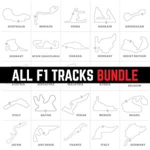 Op de afbeelding: Een raster van omtrek racecircuits, waaronder Australië, Monaco en China, met de tekst "ALL F1 TRACKS BUNDLE". De circuits zijn gelabeld met hun respectievelijke landen.