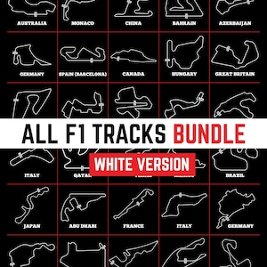 Op de afbeelding: Een zwart-wit afbeelding met contouren van Formule 1-circuits van over de hele wereld. De tekst "ALL F1 TRACKS BUNDLE WHITE VERSION" is prominent aanwezig. Circuits zoals Nederland en Monaco zijn afgebeeld.