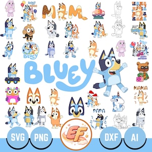 Può includere: Una collezione digitale di illustrazioni dei personaggi di Bluey con varie pose, espressioni e abiti. Il set include cani dei cartoni animati colorati, disegni al tratto ed elementi testuali come Bluey, Mom, Dad e Mama. Formati SVG, PNG, DXF e AI.