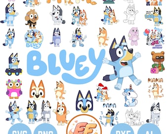 Plus de 999 dessins animés bleus PNG SVG Bundle + police BONUS, Bluey Dog Bingo Clipart Bundle, ensemble de dessins originaux pour le jour d'anniversaire artisanat coloriage impression