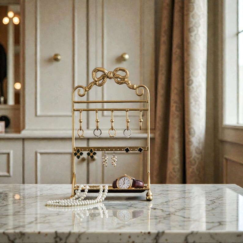 May include: A gold-colored jewelry organizer with a bow-shaped top. The organizer holds earrings, rings, and a watch. A pearl necklace rests on the marble surface in front of the organizer. The background includes a neutral-toned wall and curtains.