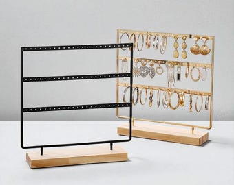 Wooden Jewelry Stand Organizer – Gold Earring Display, Minimalist Vanity Decor