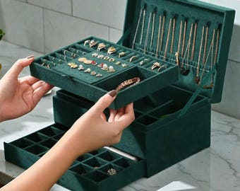 2-Schicht-Schmuckschubladenbox - Weicher Flanellschrank-Aufbewahrungs-Organizer für Ringe, Ohrringe, Halsketten und Accessoires