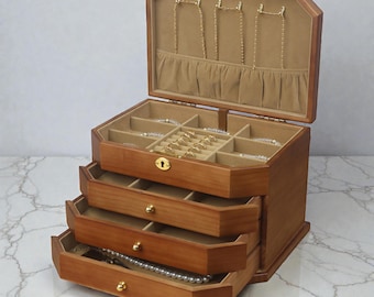 Retro Locking Wooden Jewelry Box | Vintage Multi-Drawer Organizer