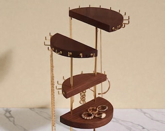 Rotating Wood Jewelry Stand - 360 Necklace & Bracelet Organizer, Minimalist Wooden Display for Vanity or Boutique
