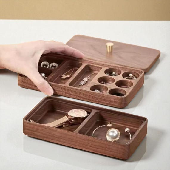 Multi-Layer Wooden Jewelry Box with Lid – No-Hinge Design Organizer with Compartments, Ring & Necklace Storage, Elegant Gift for Her