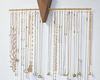 Dark Wood Wall Jewelry Organizer – Rustic Necklace, Earring & Bracelet Holder, Wall-Mounted Display with Hooks  Shelf