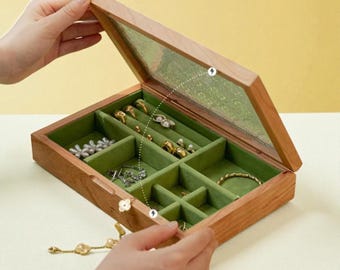 Vintage Holz Schmuckschatulle - Glas Top Andenken Organizer
