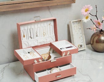 Vlando Portagioie di grande capacità, in finta pelle, con specchio, per orecchini, collane, anelli, bracciali, regalo per ragazza, donna, festa della mamma (rosa, coperchio a specchio