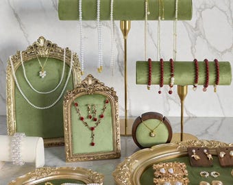 Baroque Velvet Jewelry Holder – Olive Green Plush Organizer with Gold Ornate Frame | Vintage Vanity Decor Gift