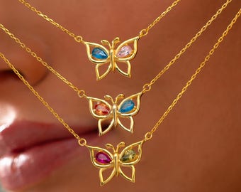 Personalized Butterfly Necklace with Birthstone, 925 Sterling Silver Custom Necklace, Mother Daughter Jewelry, Gifts for Mom, Birthday Gift