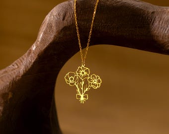 Personalized Birth Flower Bouquet Necklace, Sterling Silver Floral Jewelry