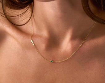 Sideways Gold Cross Birthstone Necklace, Personalized Birthstone Jewelry, Baptism Gift, Confirmation Gift, Gift for Her, Christmas Gift