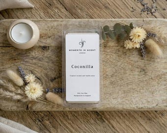 Luksusowe woski sojowe do topienia, Coconilla – nuty tropikalnego kokosa i wanilii, duże opakowanie (90 g), silnie pachnący zapach do domu