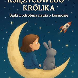 Puede incluir: Portada de libro infantil con el título "Podróże Sofii i Księżycowego Królika" y el subtítulo "Bajki z odrobiną nauki o kosmosie". Presenta a una niña y un conejo sentados en una luna creciente, con un cohete y estrellas de fondo.