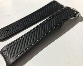 Handmade Navy Black Rubber Watch Strap For Seamaster With Deployment Clasp, 20mm