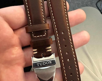 22MM Tudor Brown Leather Strap Watch Band with Deployment Stainless Steel.