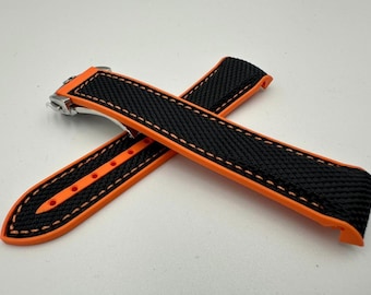 For OMG Seamaster Planet Ocean Watch Strap Handmade Stitched with Nylon Rubber BLACK ORANGE 20mm With Clasp