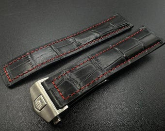 Cinturino per orologio Tag Heuer nero con cuciture rosse in pelle 22 mm 20 mm con fibbia