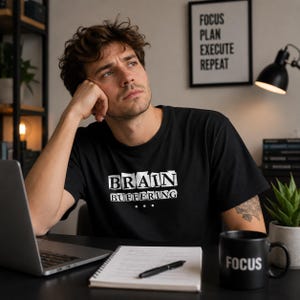 May include: A black short-sleeved t-shirt featuring the white text "BRAIN BUFFERING" with three dots underneath. The graphic is centered on the chest area of the shirt. The design uses a bold, blocky font style for the text elements.
