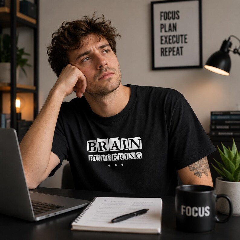 May include: A black short-sleeved t-shirt featuring the white text "BRAIN BUFFERING" with three dots underneath. The graphic is centered on the chest area of the shirt. The design uses a bold, blocky font style for the text elements.