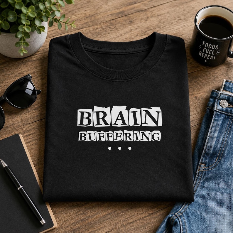 May include: A black short-sleeved t-shirt featuring the white text "BRAIN BUFFERING" with three dots underneath. The graphic is centered on the chest of the shirt, which is folded neatly and displayed on a wooden surface with other items.