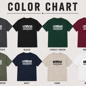 May include: A color chart featuring eight short-sleeve t-shirts in dark heather, black, forest green, maroon, military green, navy, sand, and white. Each shirt displays the white or black text BRAIN BUFFERING with three dots underneath the word.