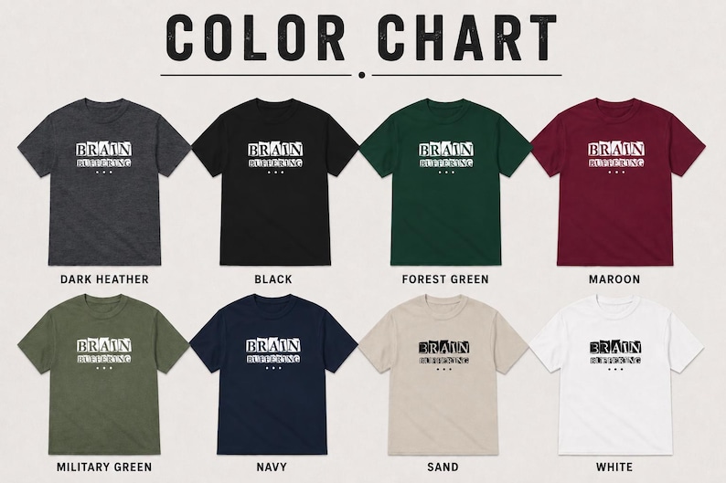 May include: A color chart featuring eight short-sleeve t-shirts in dark heather, black, forest green, maroon, military green, navy, sand, and white. Each shirt displays the white or black text BRAIN BUFFERING with three dots underneath the word.