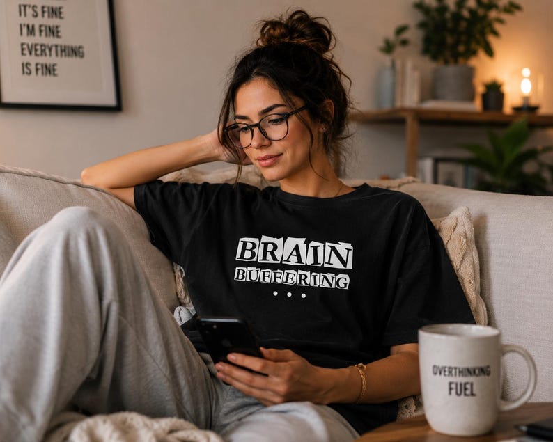 May include: A black short-sleeved t-shirt featuring the white text "BRAIN BUFFERING" with three dots underneath. The shirt has a crew neckline and a relaxed fit. The design is printed in a bold, blocky font style across the center of the chest.