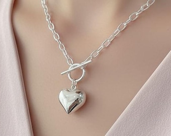 925 sterlingzilveren hart Toggle-ketting, hanger met T-vormige sluiting, choker met sluiting aan de voorkant, minimalistische sierlijke ketting, romantisch cadeau voor haar